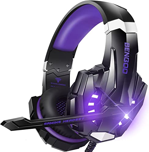 BENGOO G9000 Stereo-Gaming-Headset für PS4, PC, Xbox One Controller, Geräuschunterdrückung, Over-Ear-Kopfhörer mit Mikrofon, LED-Licht, Bass-Surround, weiche Memory-Ohrenschützer (lila) von Bengoo