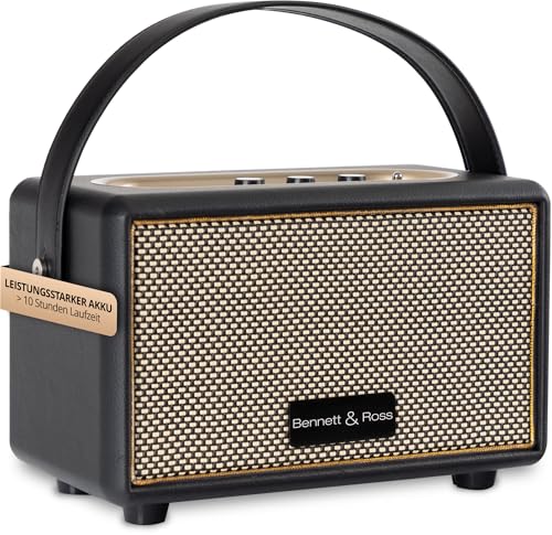 Bennett & Ross BB-820BK Blackmore Junior - Retro Bluetooth Lautsprecher in Lederoptik mit 5200 mAh Akku - Vintage Speaker mit 20W - MicroSD-Eingang mit MP3-Player - Aux-in - Schwarz von Bennett & Ross