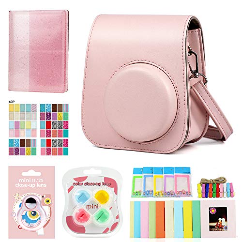 Berfea Kamera Zubehör Schutzhülle Set kompatibel mit Polaroid Fujifilm Instax Mini 12/Mini 11/Mini 9 Sofortbildkamera, inkl, Tasche, fotoalbum, Rahmen, Wandaufhängung, Filter, Aufkleber (Rosa) von Berfea