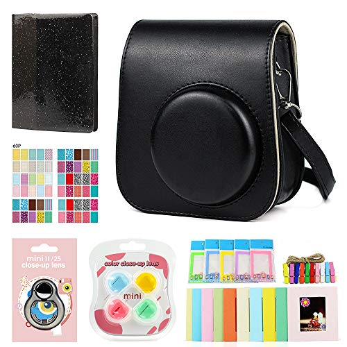 Berfea Kamera Zubehör Schutzhülle Set kompatibel mit Polaroid Fujifilm Instax Mini 12/Mini 11/Mini 9 Sofortbildkamera, inkl, Tasche, fotoalbum, Rahmen, Wandaufhängung, Filter, Aufkleber (Schwarz) von Berfea