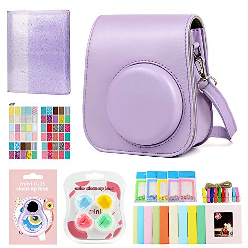 Berfea Instax Mini 12/11/9/8 Sofortbildkamera Zubehör Schutzhülle Set, Tasche, Album, Rahmen, Wandaufhängung, Filter, Aufkleber (lila) von Berfea
