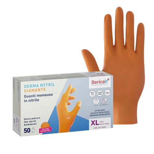 Bericah, Derma Nytril Diamanthandschuhe, puderfrei, Größe XL, extra Grip, erhöhte Dicke, Farbe Orange, 50 Stück Bericah, Derma Nytril Diamanthandschuhe, puderfrei, Größe XL, extra Grip, erhöhte Dicke, Farbe Orange, 50 Stück von Bericah