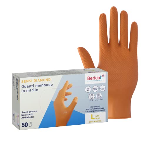 Bericah, Sensi Diamond Nitril-Handschuhe, puderfrei, Größe L, 50 Stück, Orange von Bericah