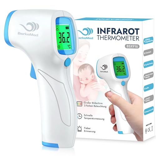 BerkeMed Fieberthermometer Kontaktlos,Infrarot Stirnthermometer,Fieberthermometer Baby,für Babys Kinder und Erwachsene, Digital Thermometer Fieber,Sofortige Genaue Messwerte, LCD Anzeige,Weiß_Blau von BerkeMed