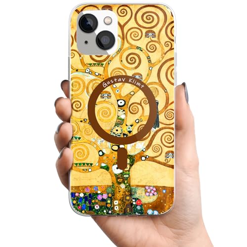 Berkin Arts Kompatible iPhone 15 Hülle Klar Transparent Cover [Kompatibel mit MagSafe], Gelbes leichtes Blühen (Gustav Klimt-Der Kuss) von Berkin Arts