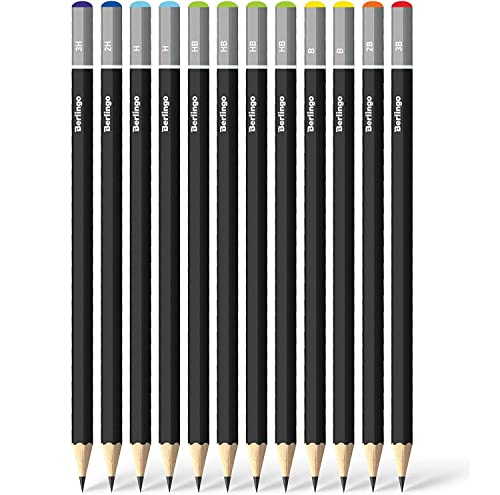 Berlingo Bleistift Set, Zeichenstifte Set, 12 Stück, 3H-3B, vorgespitzt, sechseckig, Helles holz, für das Büro, das Home Office oder die Schule und Uni von Berlingo