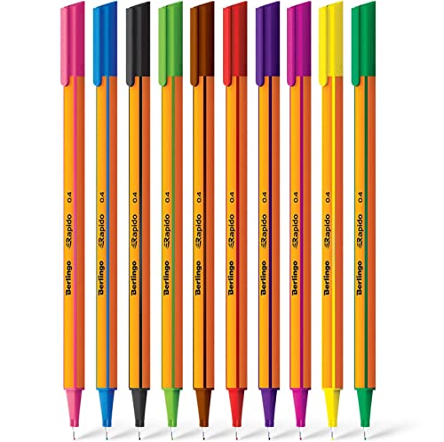 Berlingo Fineliner Set, 0.4mm, dreieckige Form, Farbige Stifte, metal Spitze, Schreiben, für das Büro, das Home Office oder die Schule und Uni, Serie Rapido, mix Farben (10) von Berlingo