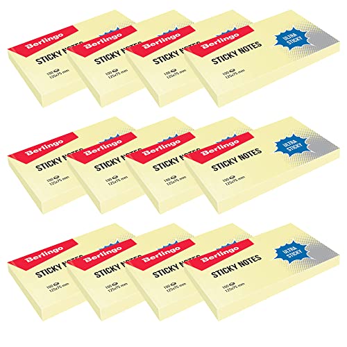 Berlingo Klebezettel Block, 125x75 mm, 12 Blöcken, 100 Blatt pro Block, klebende Notizzettel für Notizen und To-Do-Listen, Serie Ultra Klebrig, pastell farben, gelb von Berlingo