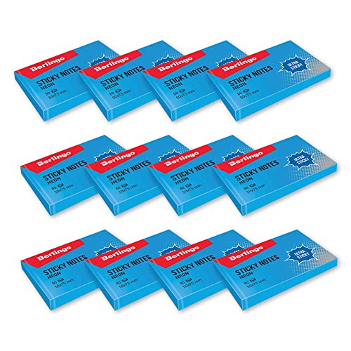 Berlingo Klebezettel Block, 50x75 mm, 12 Blöcken, 80 Blatt pro Block, klebende Notizzettel für Notizen und To-Do-Listen, Serie Ultra Klebrig, neon farben, blau von Berlingo