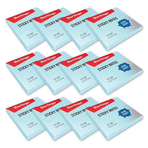 Berlingo Klebezettel Block, 75x75 mm, 12 Blöcken, 100 Blatt pro Block, klebende Notizzettel für Notizen und To-Do-Listen, Serie Ultra Klebrig, pastell farben, blau von Berlingo