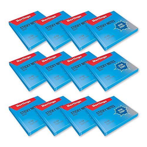 Berlingo Klebezettel Block, 75x75 mm, 12 Blöcken, 80 Blatt pro Block, klebende Notizzettel für Notizen und To-Do-Listen, Serie Ultra Klebrig, neon farben, blau von Berlingo