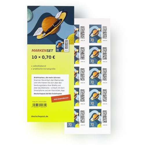 10 Stück 0,70 EUR 70 Cent postfrische selbstklebende Post Briefmarken | Frankaturware Markenset (Motiv: Brief auf Umlaufbahn) von BestPlug Deutsche Post
