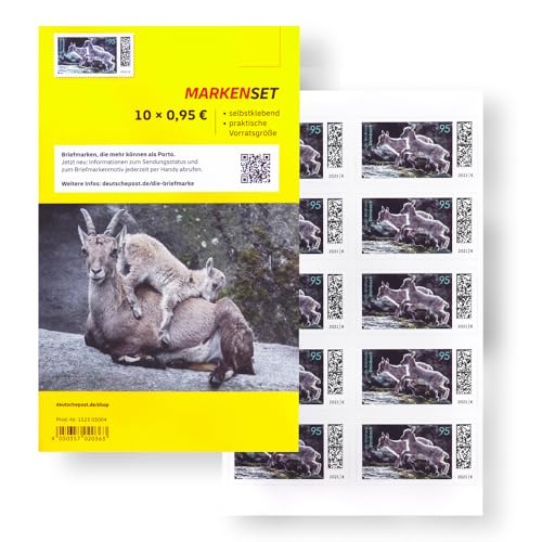 10 Stück 0,95 EUR 95 Cent postfrische selbstklebende Briefmarken | Frankaturware Markenset (Motiv: Junge Wildtiere - Steinbock) von BestPlug Deutsche Post