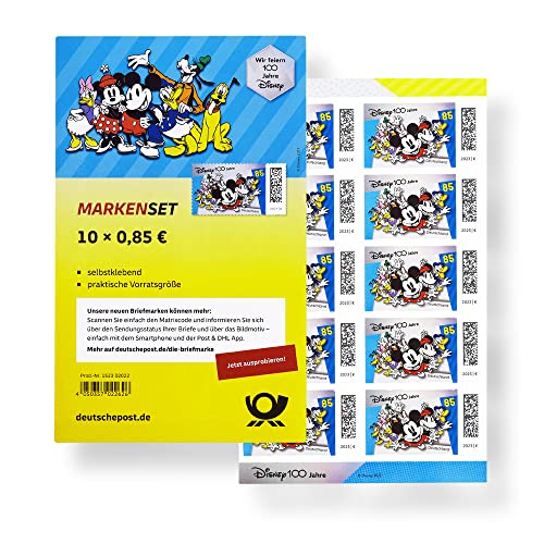 10 Stück 0,85 EUR 85 Cent postfrische selbstklebende Briefmarken Mini, Mickey, Mouse, Goofy, Donald Duck, Pluto | Frankaturware Markenset (Motiv: 100 Jahre Disney) von BestPlug