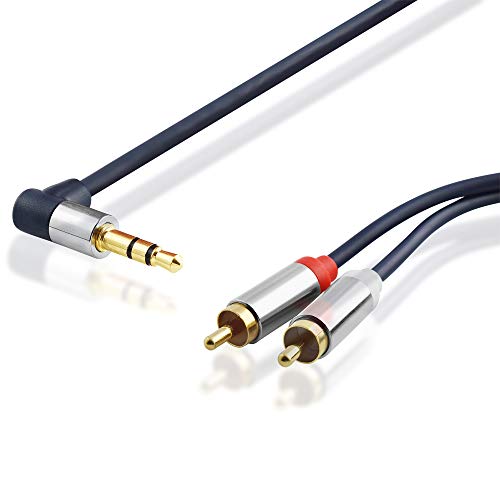 BestPlug 1,5 Meter Y Audio RCA Aux in Out Kabel, 2 L-R Cinch Stecker auf 1 3,5mm Klinke Stecker 90° abgewinkelt vergoldet, Dunkelblau von BestPlug