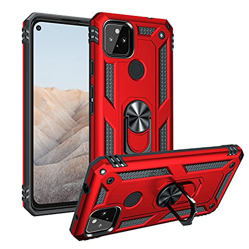 BestST Handyhülle für Google Pixel 5a + HD Displayschutz, Cover für Google Pixel 5a hülle, 360 Grad Drehbar Ringhalter Handytasche Case Handy Hüllen,Rot von BestST