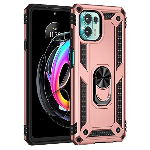 BestST Handyhülle für Motorola Moto Edge 20 lite + Displayschutz,Hybrid Schutzhülle Militär Standard Stoßfest Hülle 360 Grad Drehbar Ringhalter Handytasche Cover Case,Rosegold von BestST