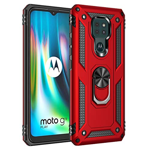 BestST Handyhülle für Motorola Moto G9 Play/Moto E7 Plus/G9 + Displayschutz, Cover für Moto G9 Play/Moto E7 Plus/G9 hülle, 360 Grad Drehbar Ringhalter Handytasche Case Handy Hüllen,Rot von BestST