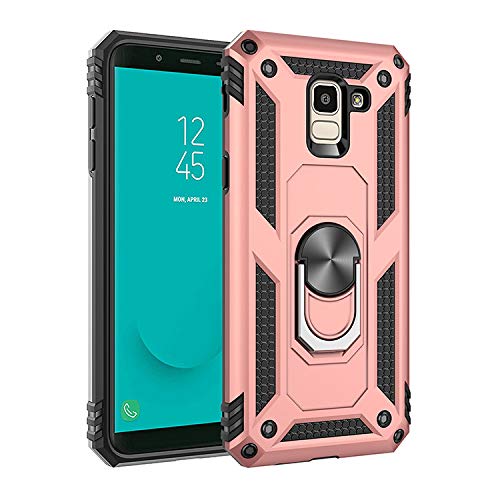 BestST Handyhülle für Samsung Galaxy J6 2018 + Displayschutz,Hybrid Schutzhülle Militär Standard Stoßfest Hülle 360 Grad Drehbar Ringhalter Handytasche Cover Case,Rosegold von BestST