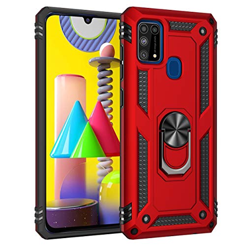BestST Handyhülle für Samsung Galaxy M31/M30S/M21 + HD Displayschutz, Cover für Samsung M31/M30S/M21 hülle, 360 Grad Drehbar Ringhalter Handytasche Case Handy Hüllen,Rot von BestST