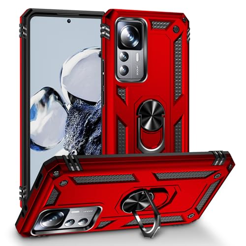 BestST Handyhülle für Xiaomi 12T Pro/12T/Redmi K50 Ultra + HD Displayschutz, Cover für Xiaomi 12T Pro/12T/Redmi K50 Ultra hülle, 360 Grad Drehbar Ringhalter Handytasche Case Handy Hüllen,Rot von BestST
