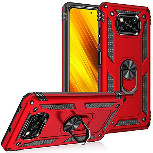 BestST Handyhülle für Xiaomi Poco X3 Pro/Poco X3 NFC + Displayschutz, Cover für Xiaomi Poco X3 hülle, 360 Grad Drehbar Ringhalter Handytasche Case für Xiaomi Poco X3 ProHandy Hüllen,Rot von BestST