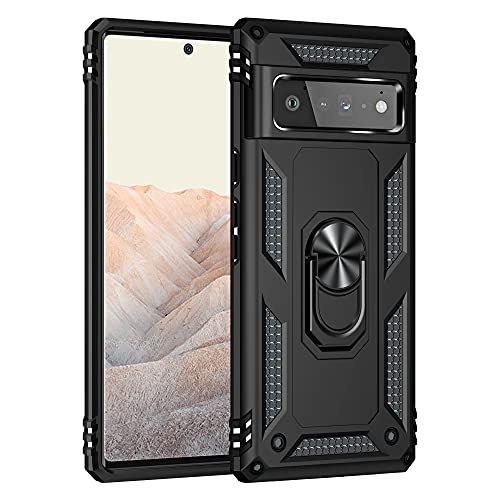 BestST Hülle für Google Pixel 6 Pro Cover, HD schutzfolie, Armor Stoßfest TPU PC Schutzhülle Ringhalter Handytasche Case Handy Hüllen, Schwarz von BestST