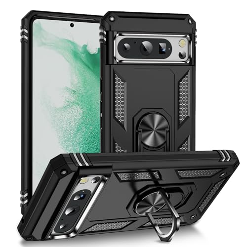 BestST Hülle für Google Pixel 8 Pro Cover + HD schutzfolie, Armor Stoßfest TPU PC Schutzhülle Ringhalter Handytasche Case Handy Hüllen, Schwarz von BestST