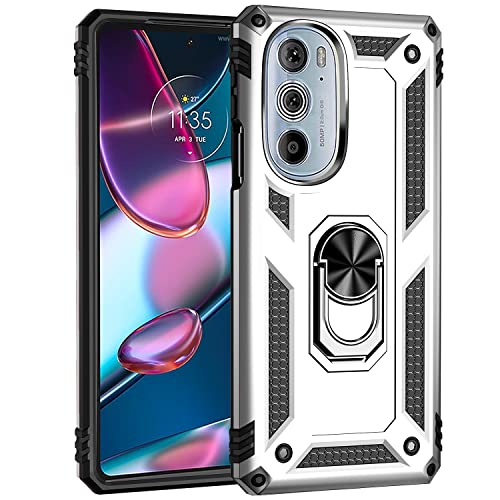 BestST Hülle für Motorola Moto Edge 30 Pro/Edge+ 2022 + schutzfolie, Militärische Armor Hybrid Schutzhülle Silikon Stoßfest Bumper Cover Case Ringhalter Handytasche Handy Hüllen,Silber von BestST