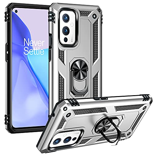 BestST Hülle für OnePlus 9 5G + schutzfolie, Militärische Armor Hybrid Schutzhülle Silikon Stoßfest Bumper Cover Case Ringhalter Handytasche Handy Hüllen,Silber von BestST