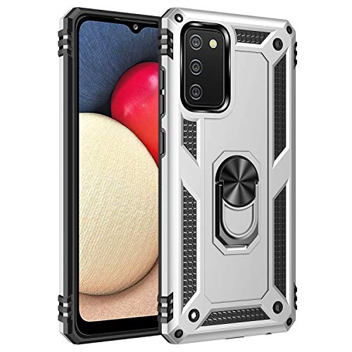 BestST Hülle für Samsung Galaxy A02S + schutzfolie,Handyhülle Samsung A02S Cover,Armor Stoßfest TPU PC Schutzhülle Ringhalter Handytasche Case für Samsung Galaxy A02S Handy Hüllen,Silber von BestST