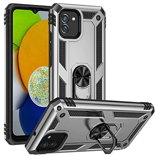 BestST Hülle für Samsung Galaxy A03(164)/A04E + schutzfolie, Militärische Armor Hybrid Schutzhülle Silikon Stoßfest Bumper Cover Case Ringhalter Handytasche Handy Hüllen,Silber von BestST