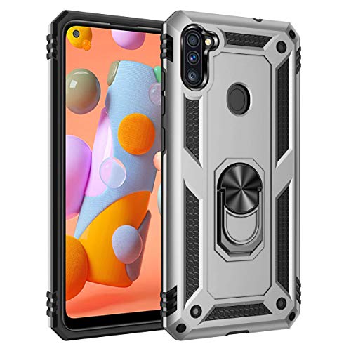 BestST Hülle für Samsung Galaxy A11/Galaxy M11 + schutzfolie, Militärische Armor Hybrid Schutzhülle Silikon Stoßfest Bumper Cover Case Ringhalter Handytasche Handy Hüllen,Silber von BestST