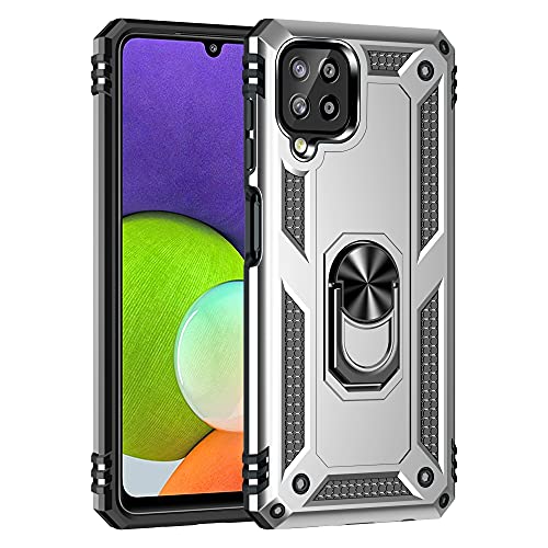 BestST Hülle für Samsung Galaxy A22 4G/M32 4G + schutzfolie, Militärische Armor Hybrid Schutzhülle Silikon Stoßfest Bumper Cover Case Ringhalter Handytasche Handy Hüllen,Silber von BestST