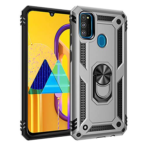 BestST Hülle für Samsung Galaxy M30S/Galaxy M31/Galaxy M21 + schutzfolie, Militärische Armor Hybrid Schutzhülle Silikon Stoßfest Bumper Cover Case Ringhalter Handytasche Handy Hüllen,Silber von BestST