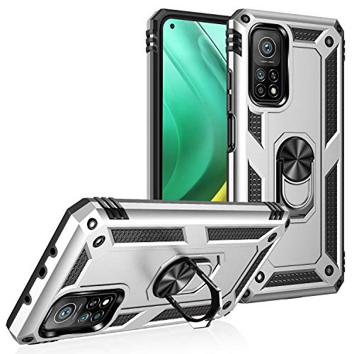 BestST Hülle für Xiaomi MI 10T 5G/10T Pro 5G + schutzfolie, Militärische Armor Hybrid Schutzhülle Silikon Stoßfest Bumper Cover Case Ringhalter Handytasche Handy Hüllen,Silber von BestST