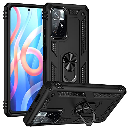 BestST Hülle für Xiaomi Redmi 10/Redmi Note 11 4G Cover, HD schutzfolie, Armor Stoßfest TPU PC Schutzhülle Ringhalter Handytasche Case Handy Hüllen, Schwarz von BestST