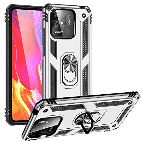 BestST Hülle für Xiaomi Redmi 10C/Poco C40 + schutzfolie, Militärische Armor Hybrid Schutzhülle Silikon Stoßfest Bumper Cover Case Ringhalter Handytasche Handy Hüllen,Silber von BestST