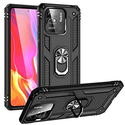 BestST Hülle für Xiaomi Redmi 10C/Poco C40 Cover + HD schutzfolie, Armor Stoßfest TPU PC Schutzhülle Ringhalter Handytasche Case Handy Hüllen, Schwarz von BestST