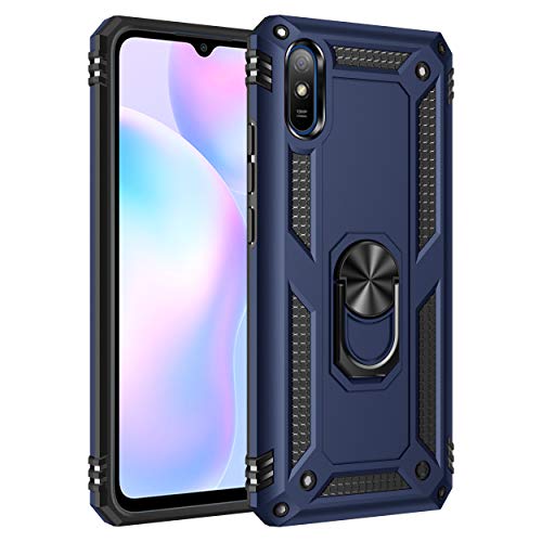 BestST Hülle für Xiaomi Redmi 9A + schutzfolie,Handyhülle Xiaomi Redmi 9i Cover,Armor Stoßfest TPU PC Schutzhülle Ringhalter Handytasche Case für Xiaomi Redmi 9AT Handy Hüllen,Blau von BestST