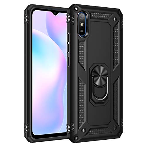 BestST Hülle für Xiaomi Redmi 9A + schutzfolie,HandyHülle für Xiaomi Redmi 9i Cover,Armor Stoßfest TPU PC Schutzhülle Ringhalter Handytasche Case für Xiaomi Redmi 9AT Handy Hüllen,Schwarz von BestST
