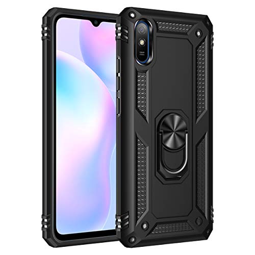 BestST Hülle für Xiaomi Redmi 9A + schutzfolie,Handyhülle Xiaomi Redmi 9i Cover,Armor Stoßfest TPU PC Schutzhülle Ringhalter Handytasche Case für Xiaomi Redmi 9AT Handy Hüllen,Schwarz von BestST