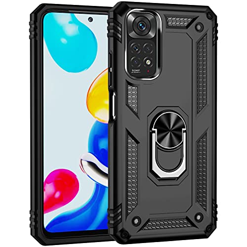 BestST Hülle für Xiaomi Redmi Note 11/Redmi Note 11S 159.9 Cover + HD schutzfolie, Armor Stoßfest TPU PC Schutzhülle Ringhalter Handytasche Case Handy Hüllen, Schwarz von BestST