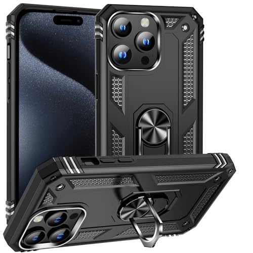 BestST Hülle für iPhone 15 Pro Max + schutzfolie,Handyhülle für iPhone 15 Pro Max Cover,Armor Stoßfest TPU PC Schutzhülle Ringhalter Handytasche Case für iPhone 15 Pro Max Handy Hüllen,Schwarz von BestST