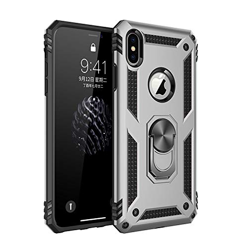 BestST Hülle für iPhone XS Max, Ultra Stoßfest TPU + PC Schutzhülle Panzer Design Anti Kratzer Drehbarer Ringhalter Benutzt als EIN Im Auto Telefonhalter Stand Handyhülle Case Cover(Silber) von BestST