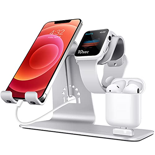 Bestand 3 in 1 Aluminium Telefonständer, Ladestation, Dock Kompatibel mit iPhone, Apple Watch, Airpods und Anderen Smartphones - Silber von Bestand