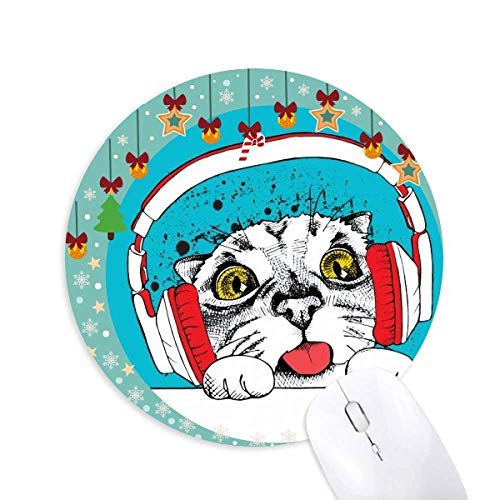 Red Headset White Cat Protect Animal Pet Liebhaber Maus Pad Jingling Bell Round Rubber Mat von Bestchong