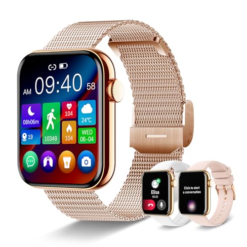 Betatree Smartwatch, Damen-Smartwatch, Bluetooth, 4,7 cm (1,85 Zoll) LCD-Smartwatch mit Stimme AI/19 Sportmodus, Schlafüberwachung, Pulsmesser, Schrittzähler, Stoppuhr, 3 Bänder für Android iOS, Gold von Betatree