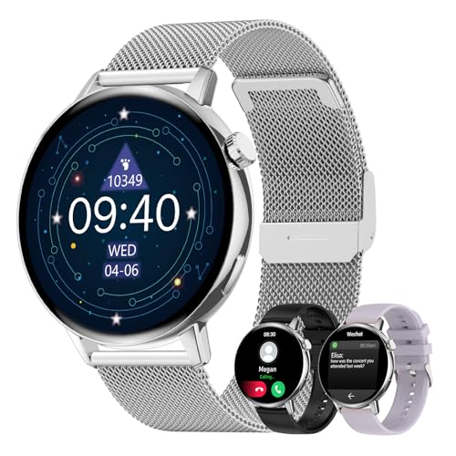 Smartwatch für Damen und Herren, rund, Anruf und Antwort von Benachrichtigungen, Fitness-Tracker, Sportuhr, Schrittzähler mit Herzfrequenzmesser, Stoppuhr, Schlafüberwachung, 3 Armband für Android iOS von Betatree