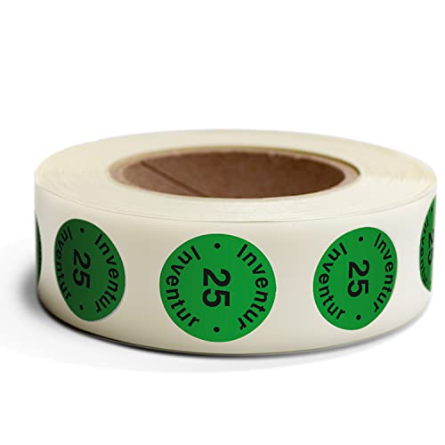 Betriebsausstattung24® Inventuretiketten "Inventur 25" auf Rolle 500 Stk. | Durchmesser: 3,0 cm | Farbe: Grün | Form: Rund | Material: Haftpapier | Befestigungsart: Zum Verkleben | Inventuraufkleber von Betriebsausstattung24